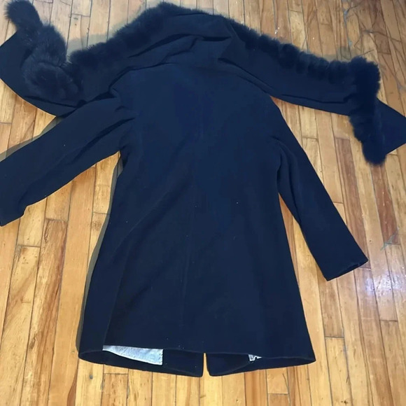 Vintage navy blue wool blend pea coat with attached fur lined balaclava - Picture 5 of 8